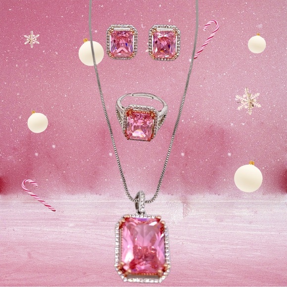 NEW Pink necklace earrings and ring - Picture 2 of 3